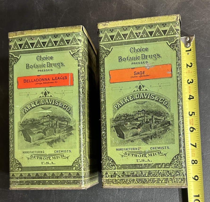 Antique Parke Davis & Co Choice Botanic Drugs Tins Belladonna & Sage Detroit