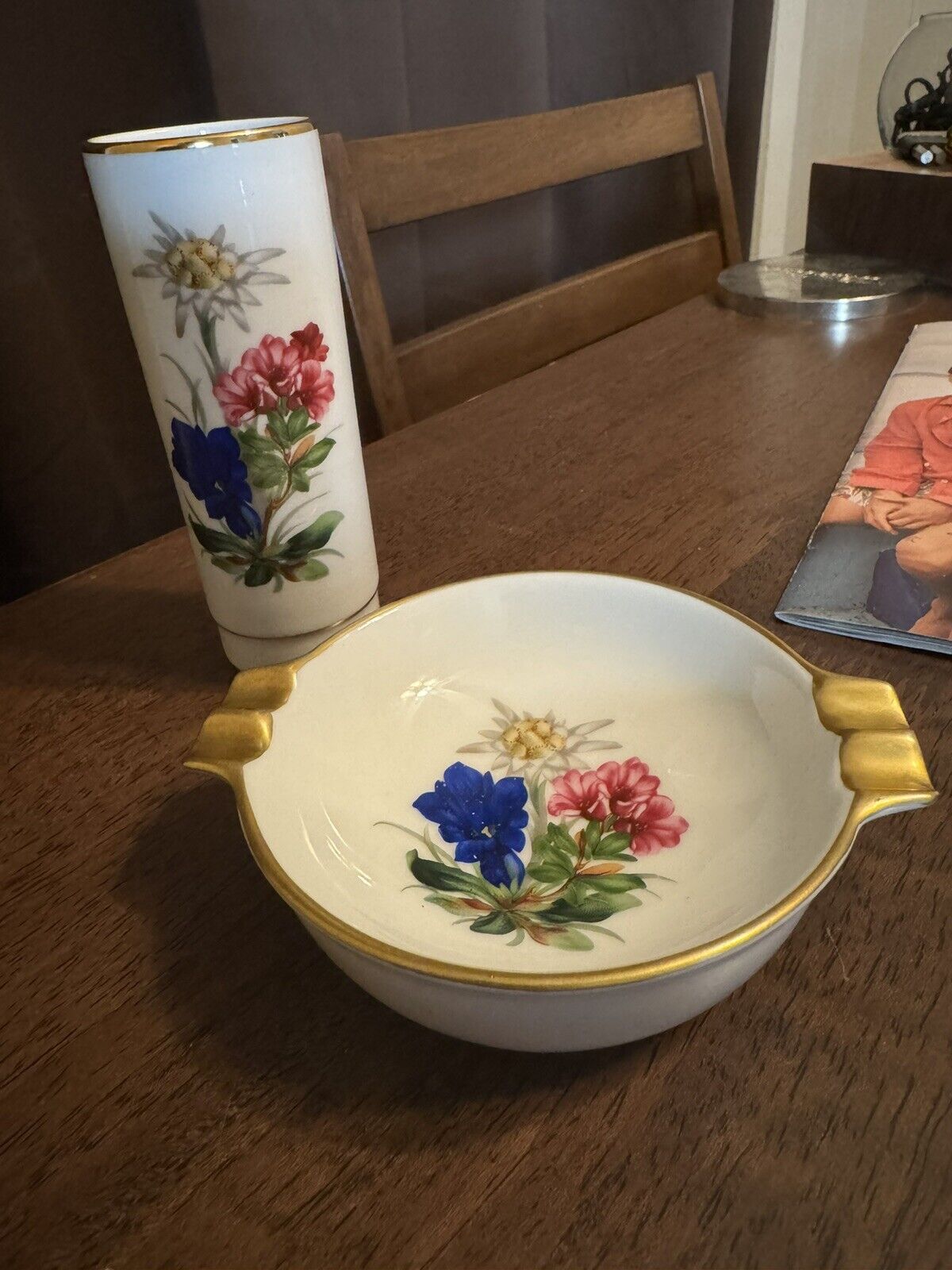 Vintage  AK Kaiser Floral Gold Trim Ashtray And Bud Vase, Porcelain, W.  Germany