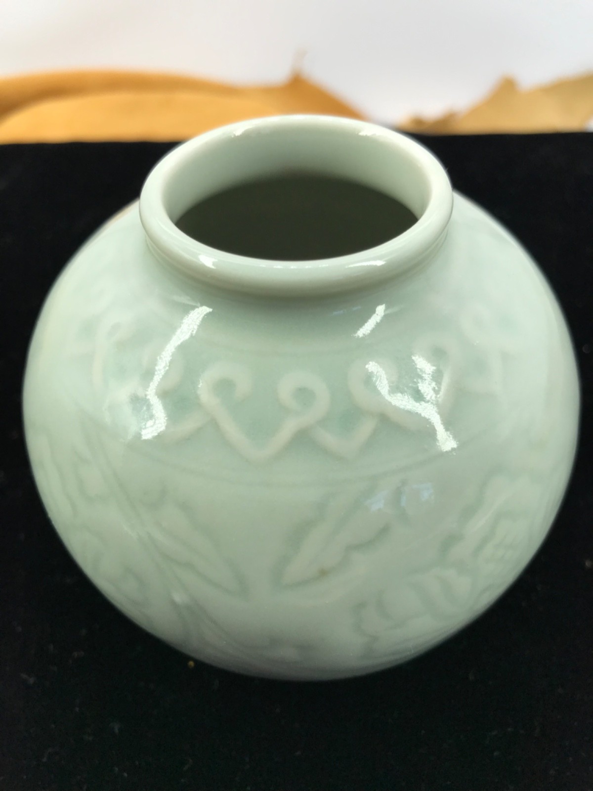 VNT Asian Celadon Glazed Moon Vase - Signed Korean Style Incised Floral Pottery