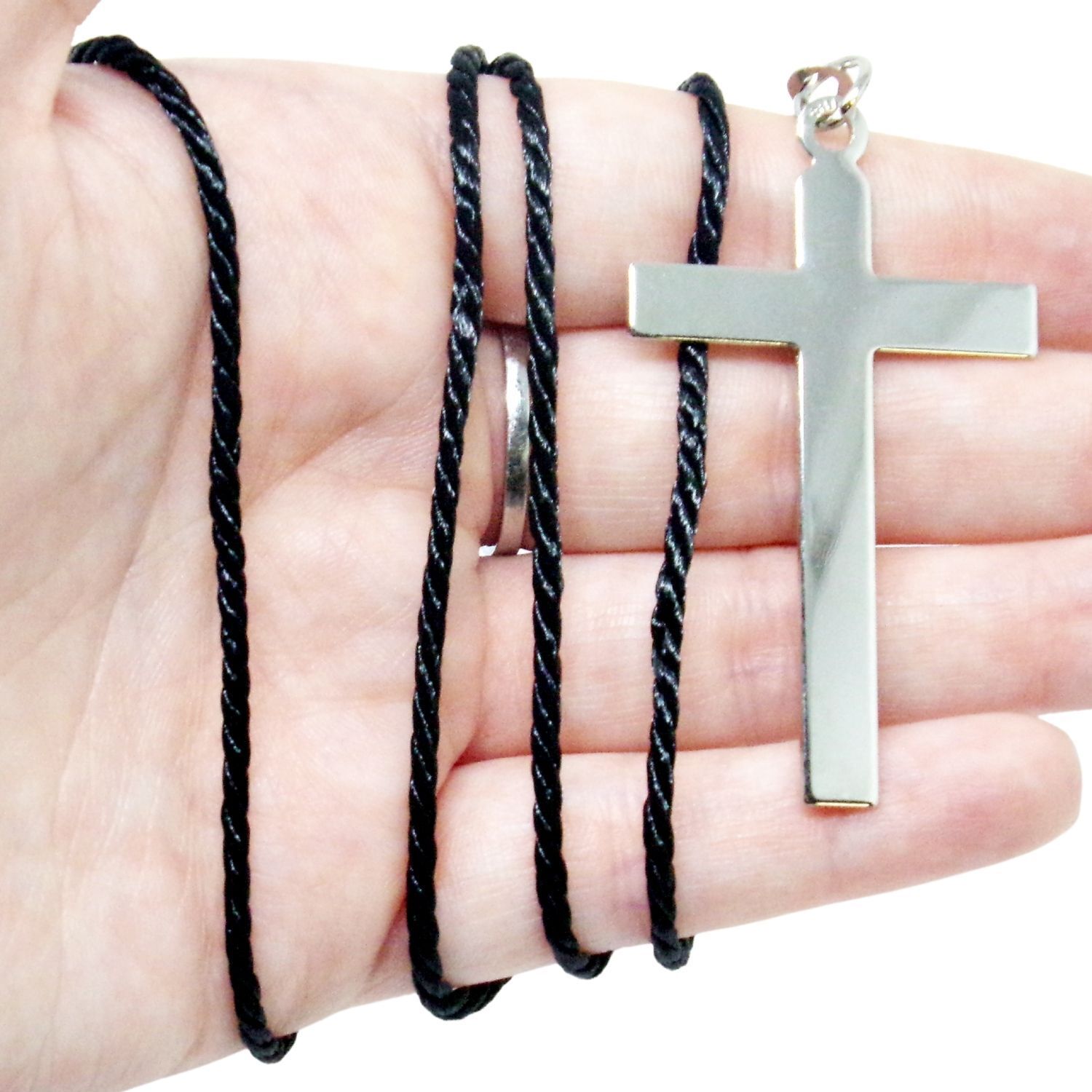 Silver Tone Plain Metal Cross Pendant Medal on Cord Necklace Gift 2 1/4 Inch