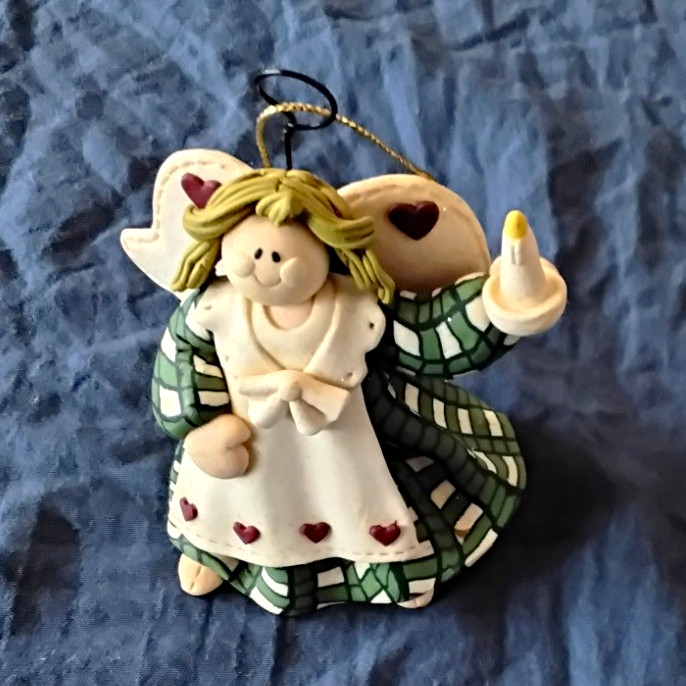 Vtg 1990s Country Angel Polymer Clay Style Ornament Green Plaid Dress Candle
