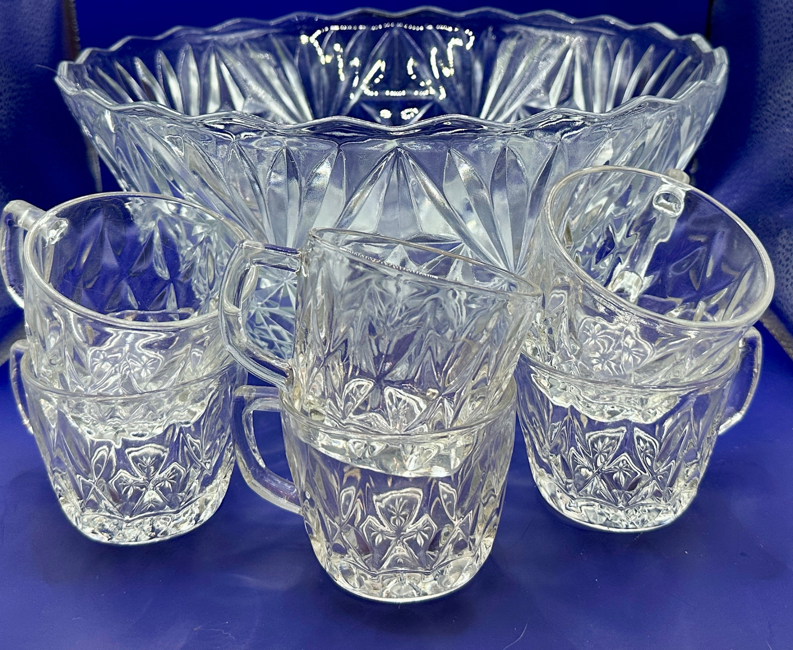 Ancho Hocking Crown Point Punch Bowl w 8 Cups Clear Glass