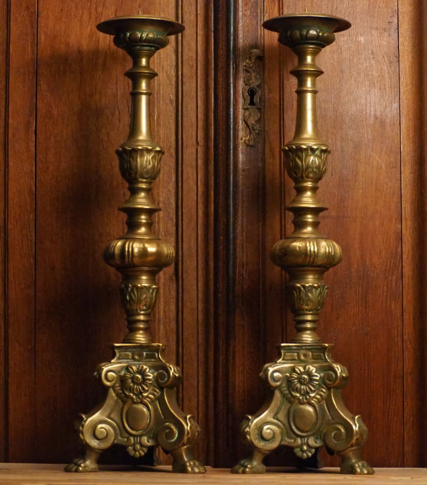 Antique One Pair of Bronze Candlesticks with Lion Paws and Flower decor 1800\'s