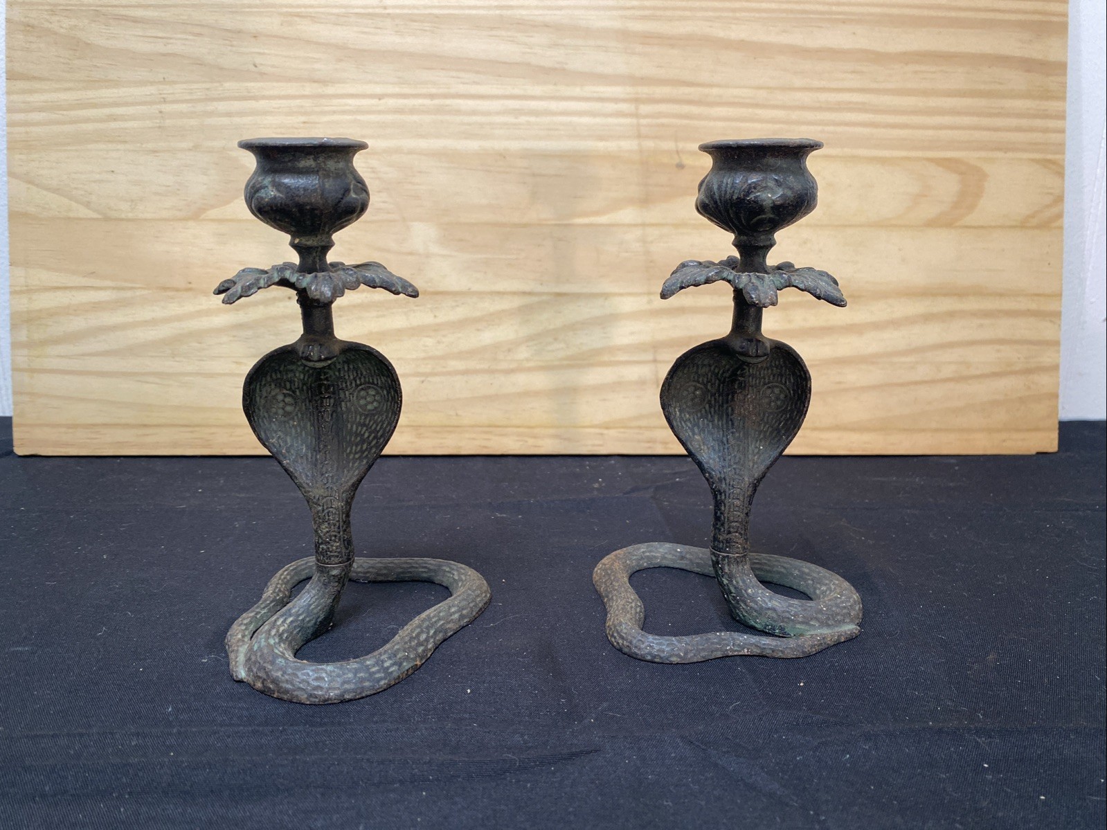 Pair Vintage Cast Iron Cobra Candlesticks Candle Holders, 5 1/2”