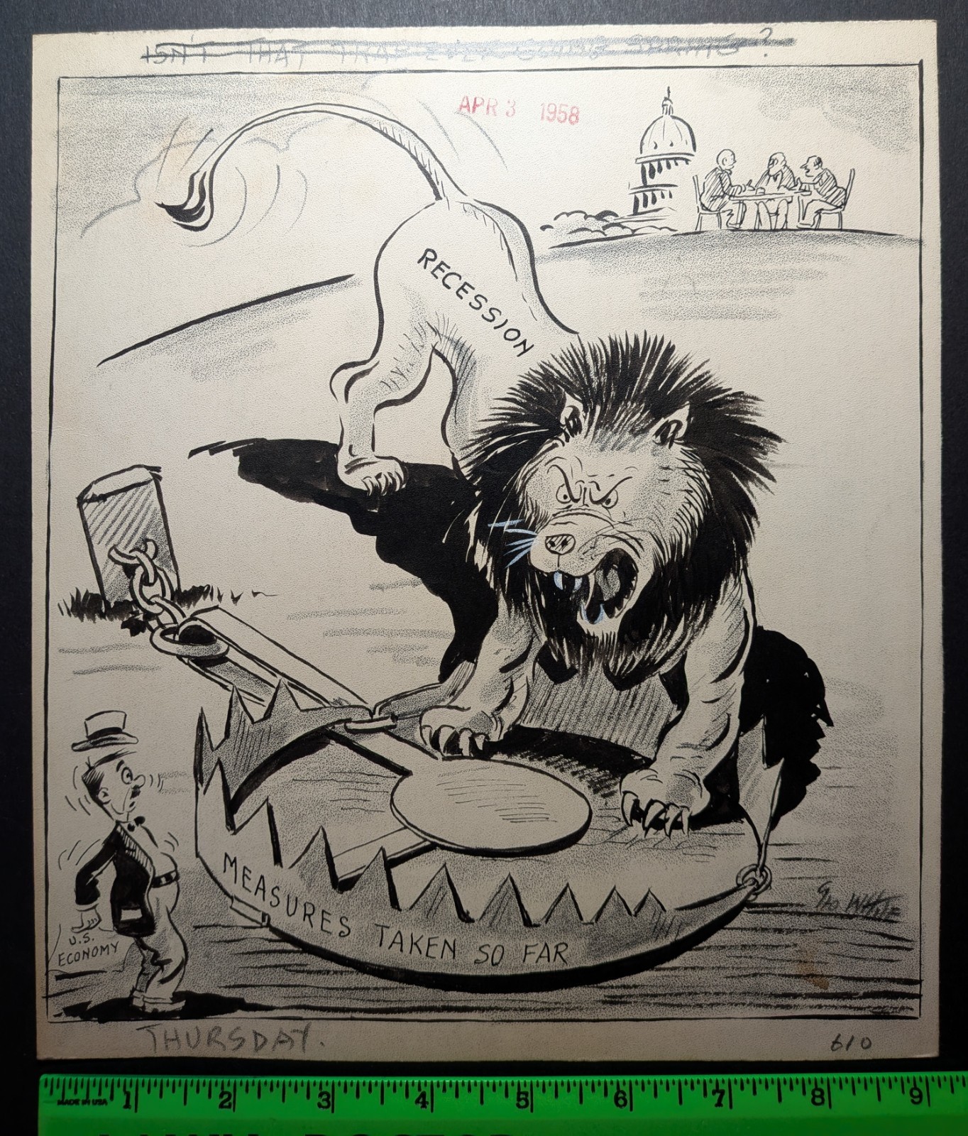 Vintage 1940/50s Recession Lion Original Political Art