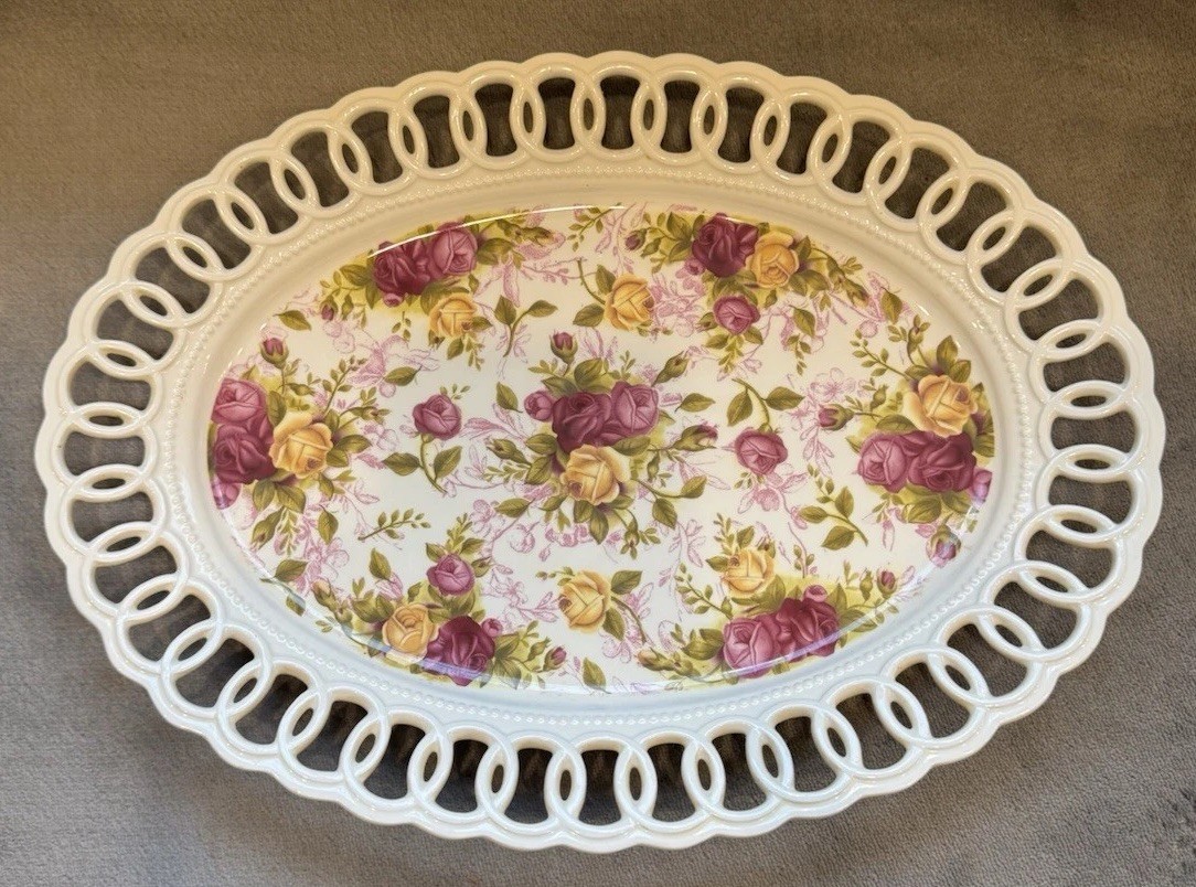 VTG 2002 ROYAL ALBERT Old Country Roses Bone China SLOTTED OVAL PLATE PLATTER