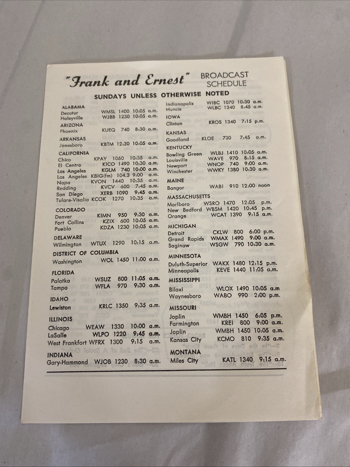 1963 Frank & Ernest Dawn Bible Students Radio TV Broadcast Schedule Sheet 1963 Frank & Ernest Dawn Bible Students Radio TV Broadcast Schedule Sheet