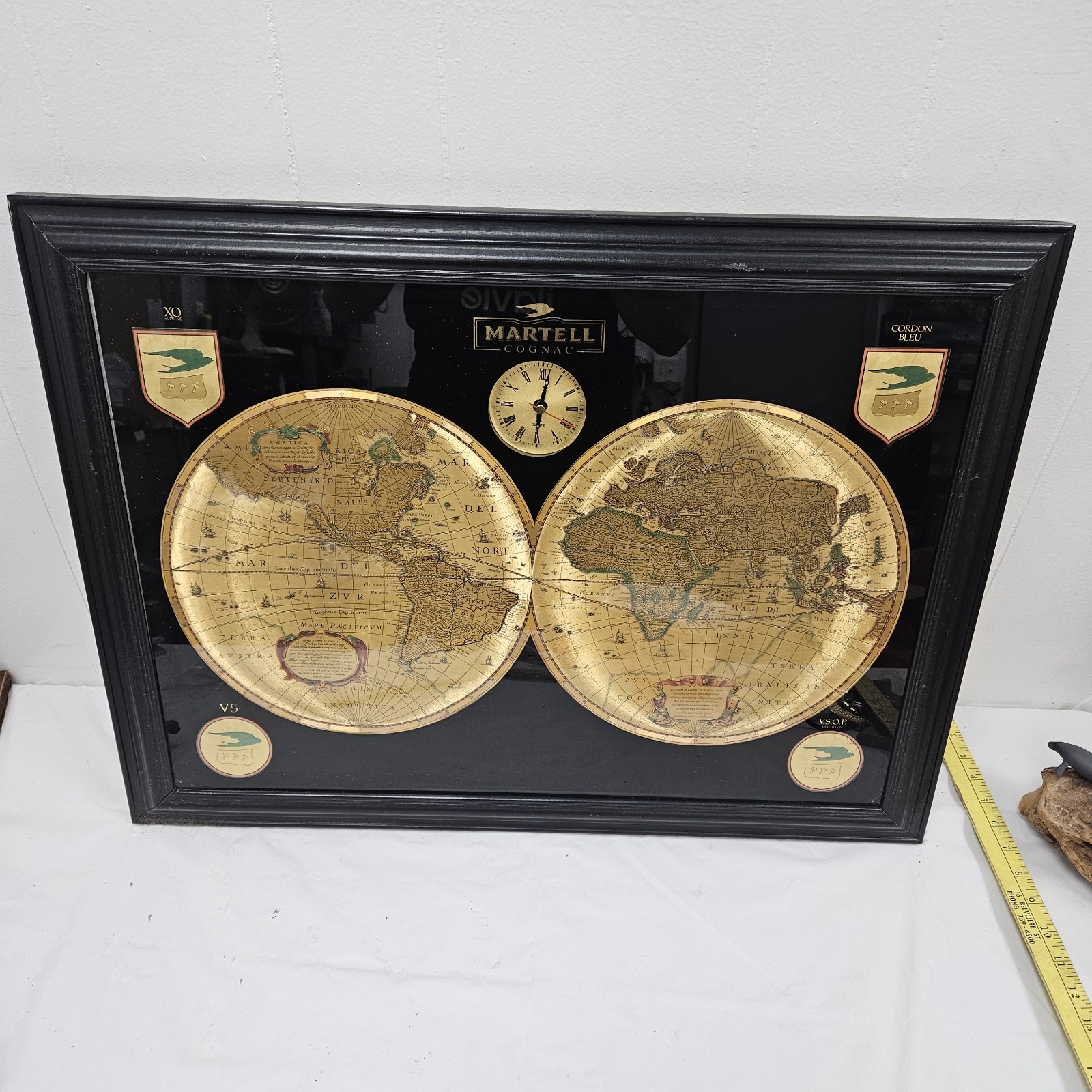 Vintage Martell Cognac World Map Clock Sign Bar Rare 24” Pub Gold Tone  