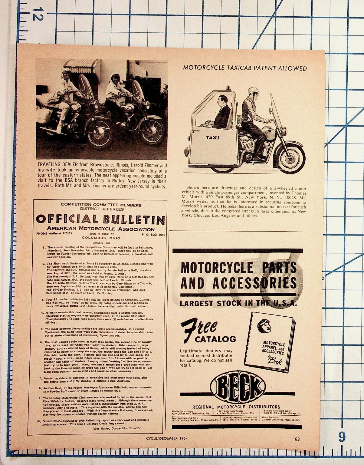 1964 AMA Motorcycle Bulletin Page: Taxicab Patent, BSA Vacation, Race News