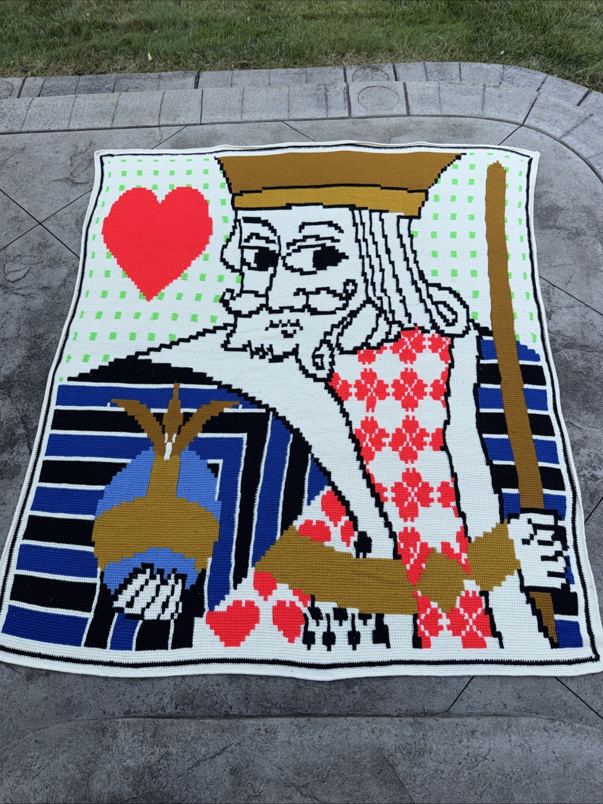 Vintage KING OF HEARTS Knitted Afghan HUGE 80”x90” Cottage Core Grandma HEAVY