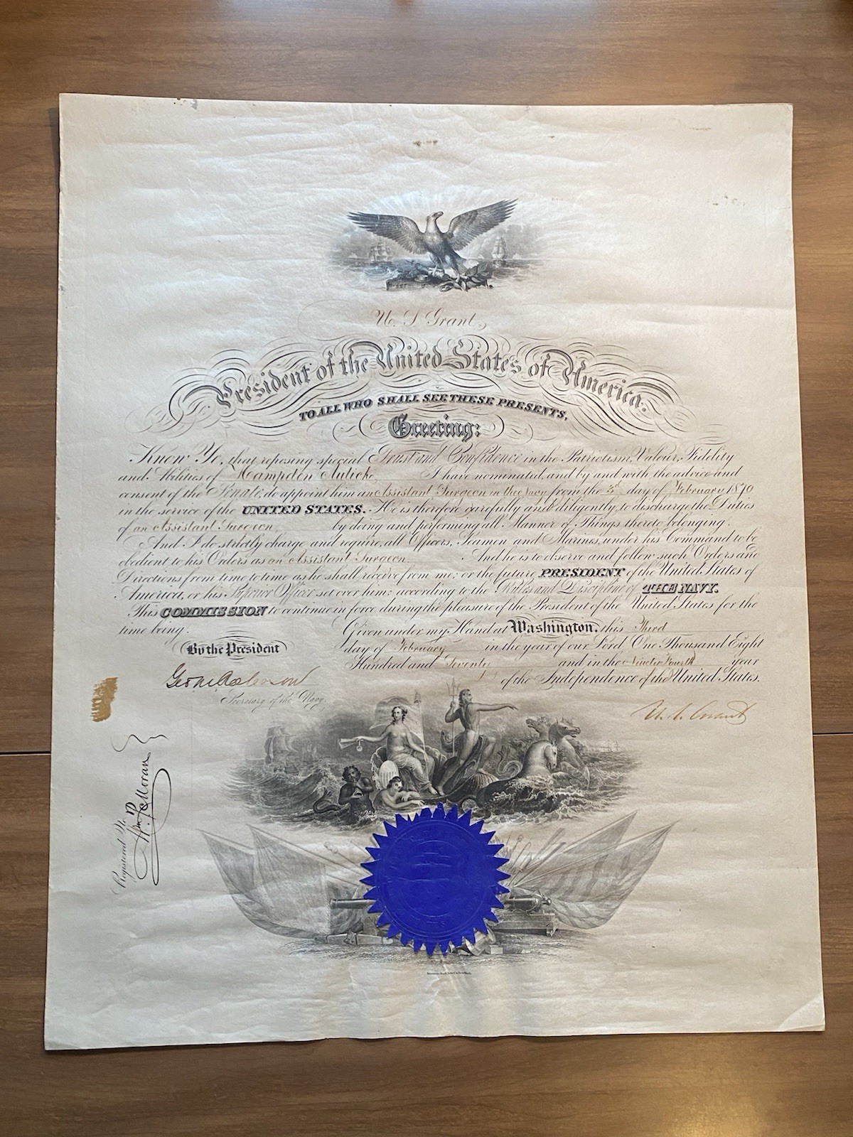 1870 President Ulysses S. Grant Signed Naval Commission (for Assistant Surgeon)