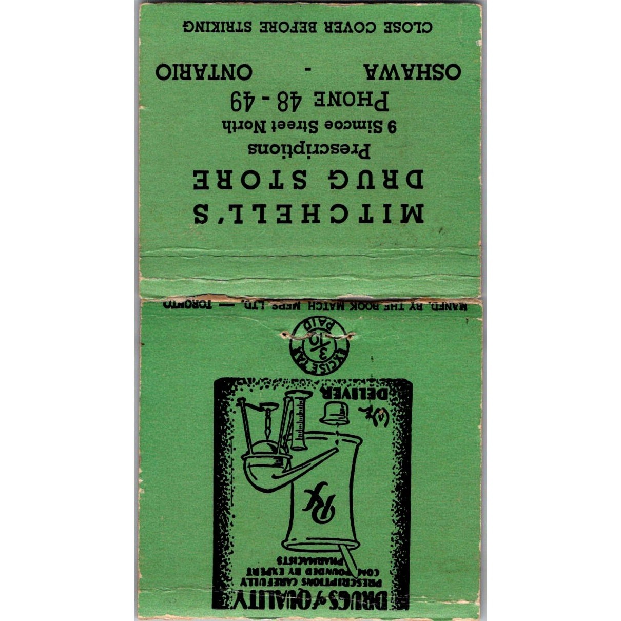 Mitchell\'s Drug Store Oshawa Ontario Advertising Matchbook Cover MM10-1