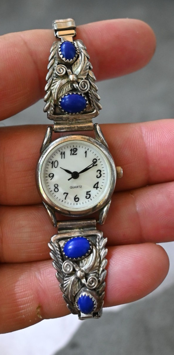 Native American Lapis Lazuli, Sterling Silver Ends with Quartz MoP Dial Watch