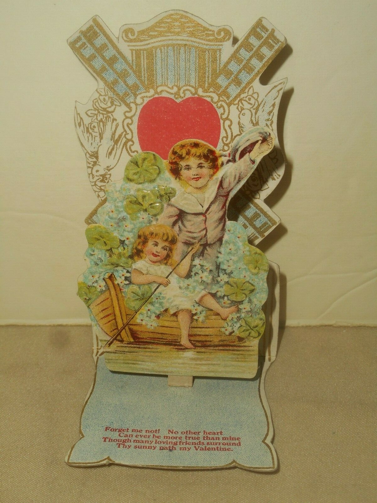 Valentine\'s Day Card Victorian Die Cut Stand Up Dutch Boy Girl Boat Germany 1919