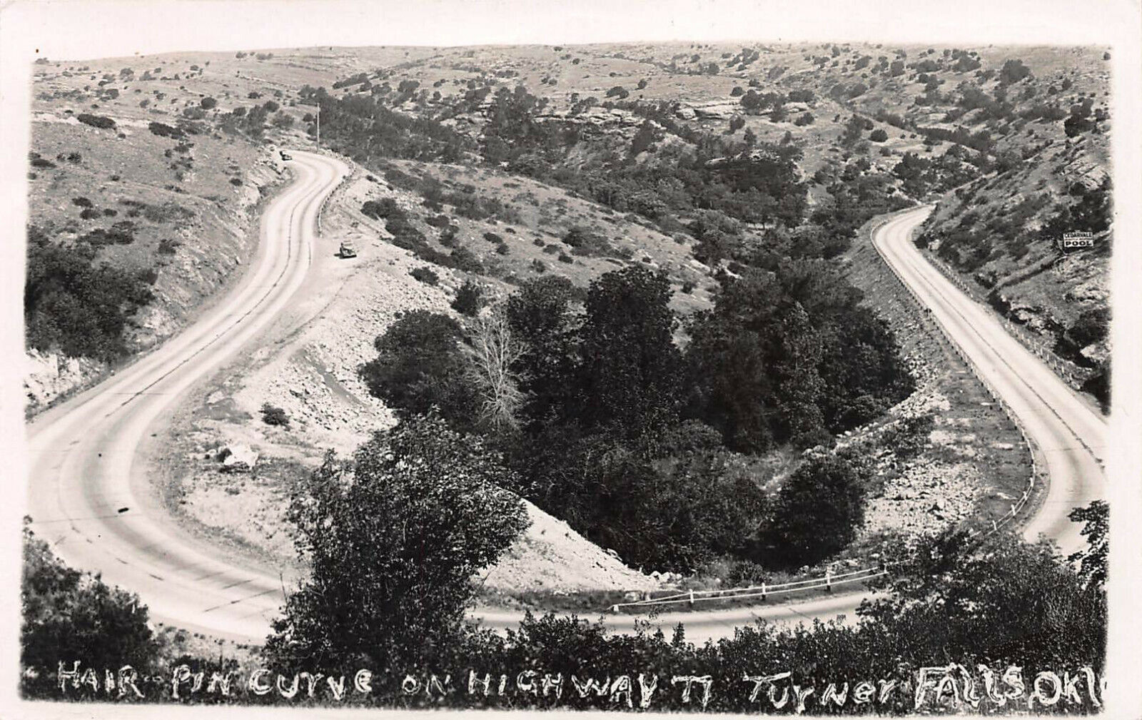 Hair Pin Curve, Highway 77, Tyner Falls, OK, Early Real Photo Postcard, Unused 