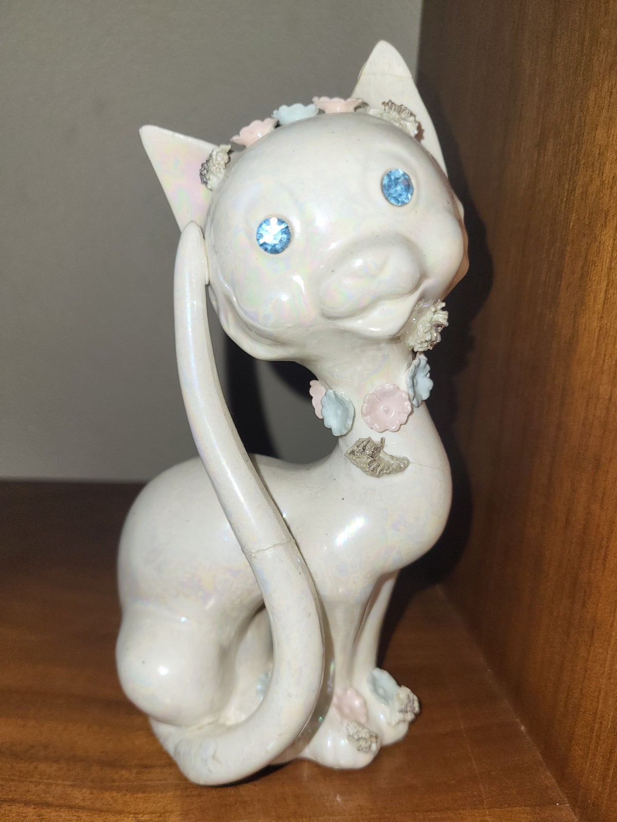 Vintage Lefton Ceramic Iridescent Cat Figurine w/Blue Eyes SEVERAL REPAIRS