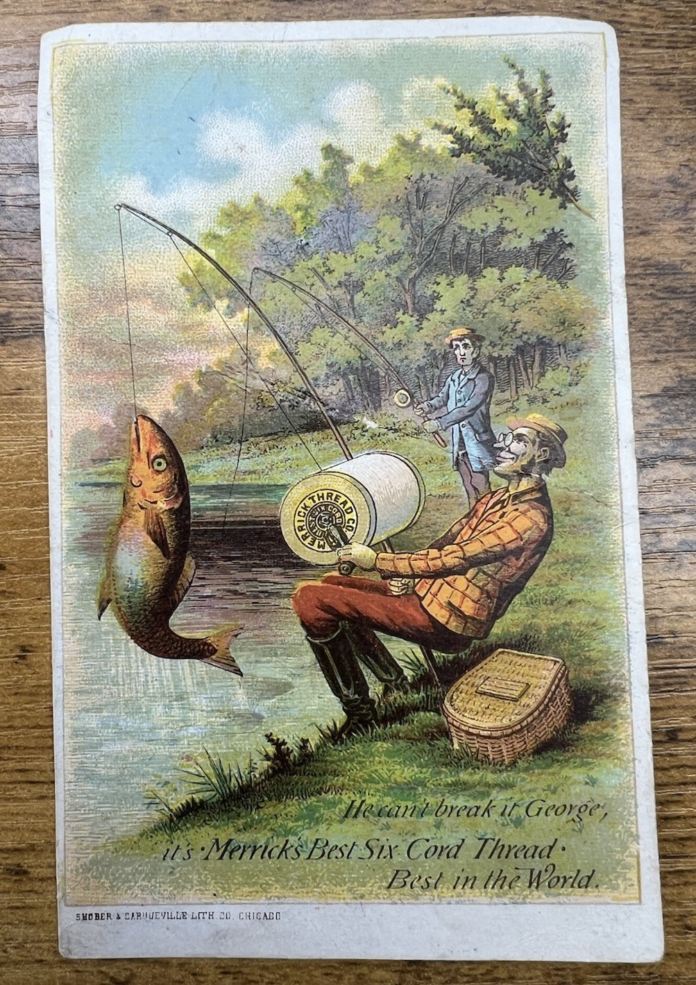 Victorian Trade Card Merrick\'s Thread Fishing Humor -He Can\'t Break It Newell IA