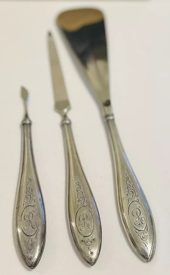 Ricks Sterling Silver Antique Vanity Set Shoe Horn Nail File Engraved With a “R”
