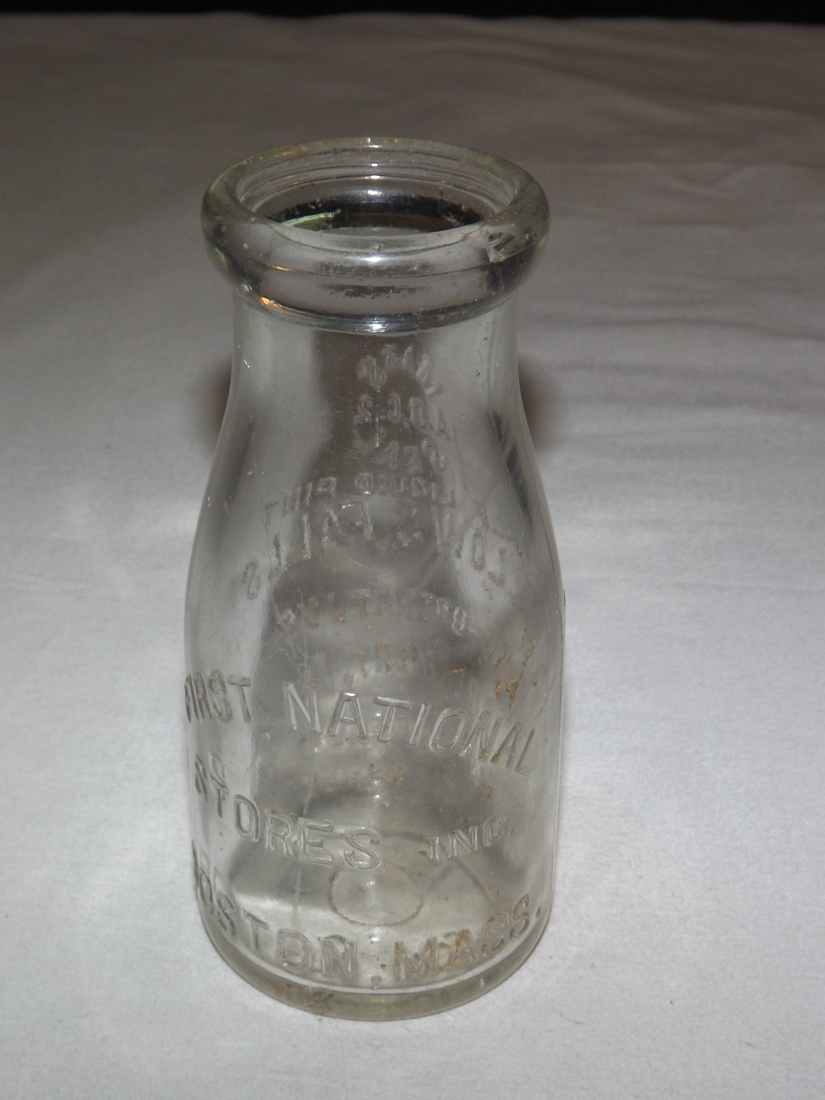 VINTAGE 1927 BELLOWS FALLS VT FIRST NATIONAL STORES MASS 1/2 PINT MILK BOTTLE VINTAGE 1927 BELLOWS FALLS VT FIRST NATIONAL STORES MASS 1/2 PINT MILK BOTTLE