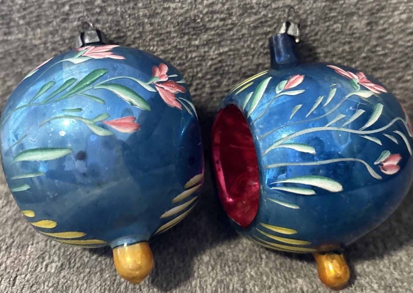 Vintage Lot 2 Mercury Glass Christmas Floral Blue Fantasia Ornaments Poland