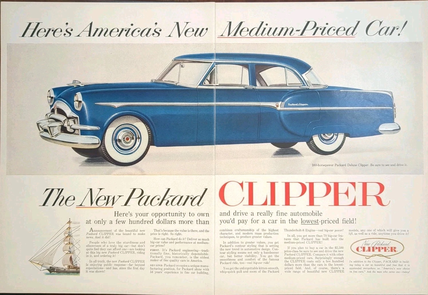 1953 vintage Packard Clipper Print Ad, Dark Blue Vehicle Post WWll