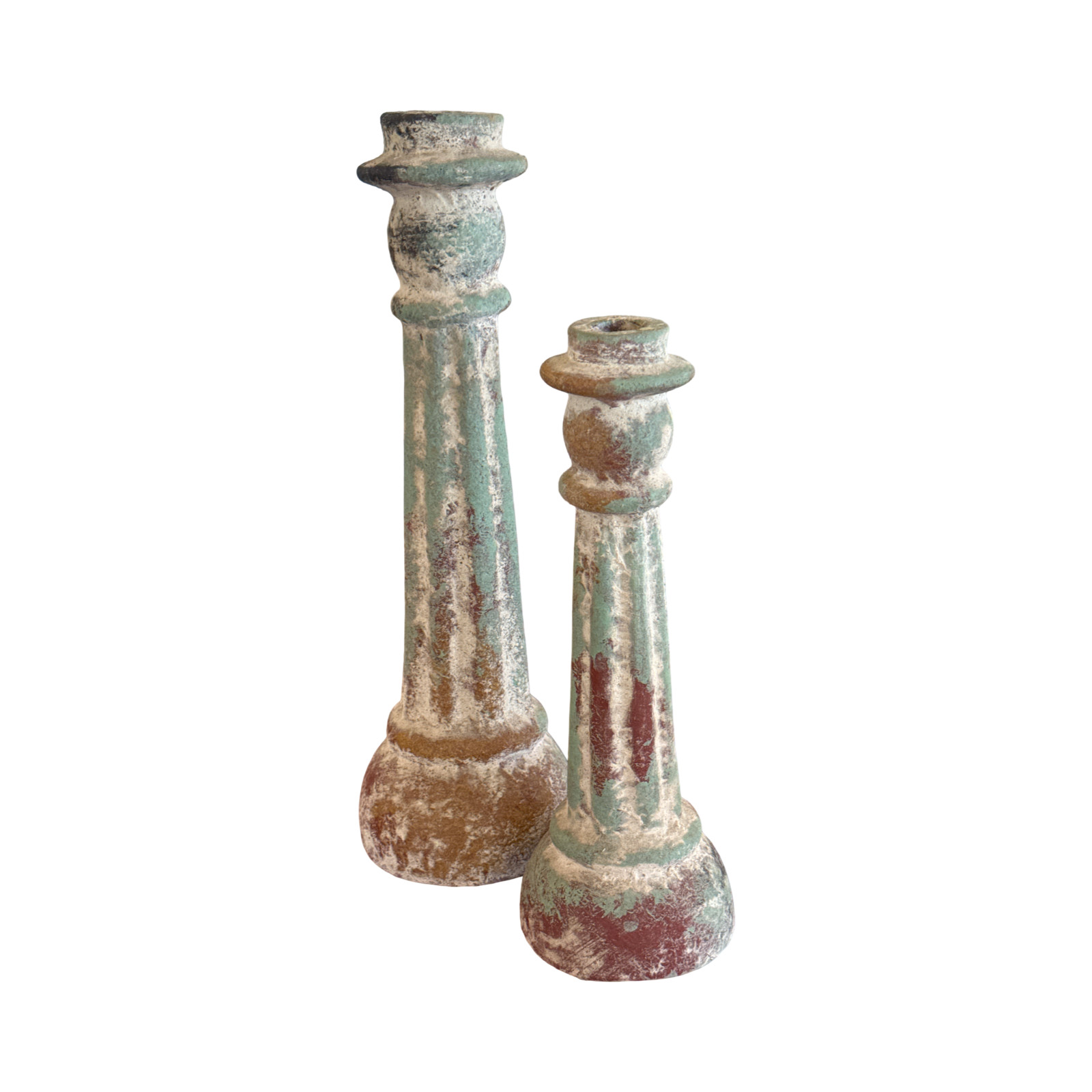 Pair Monumental Large Vintage Weathered Terracotta Column Candlesticks Pair Monumental Large Vintage Weathered Terracotta Column Candlesticks