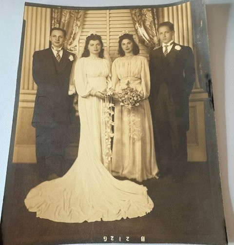 Vintage 1942 Wedding Photo Bride Gown Train Groom Bridal Party WWII Era 8x10 