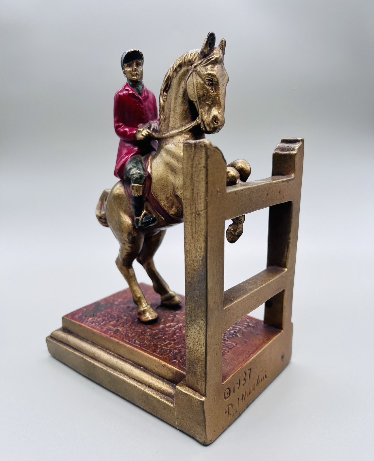 1937 Armor Bronze Clad Fox Hunt Bookend Signed D.Martini Equestrian Horse Jumper