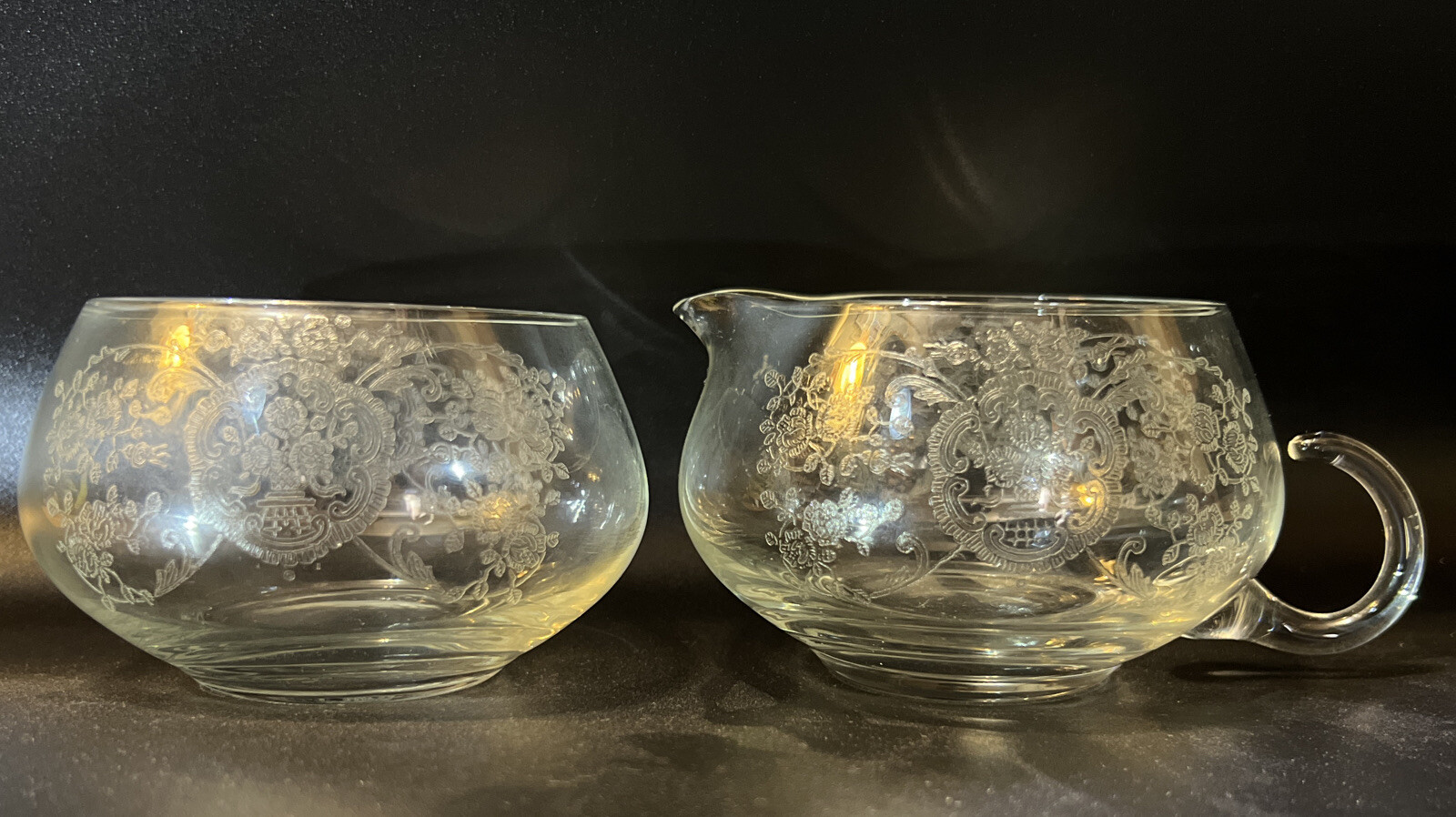 Etched Clear Glass Creamer & Sugar Bowl Set Floral Design Fostoria - Antique Vtg Etched Clear Glass Creamer & Sugar Bowl Set Floral Design Fostoria - Antique Vtg