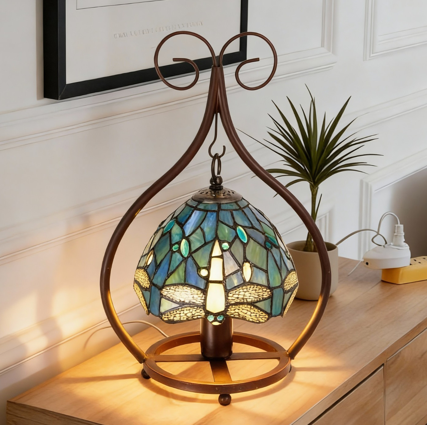 11''Single Head Creative Glass Lamp, Blue Dragonfly Table Lamp, Tiffany New Lamp