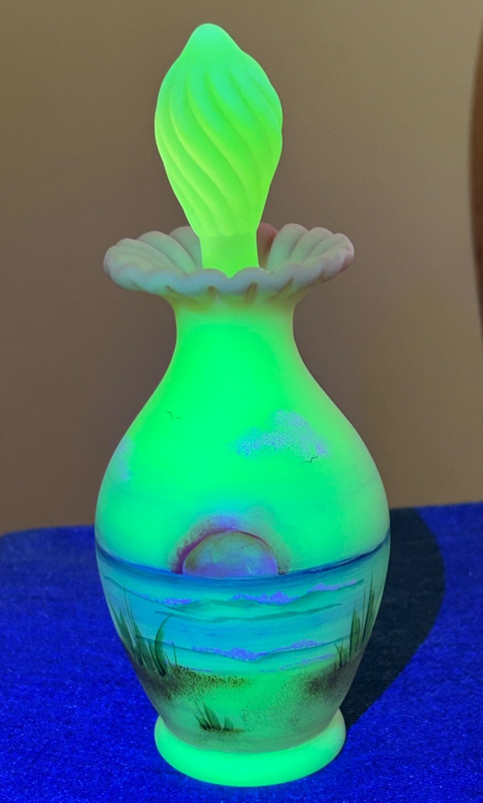 Fenton OOAK burmese/topaz satin perfume bottle hand painted by Kim Barley 