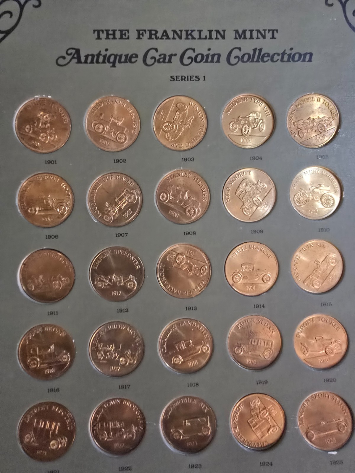1968 Franklin Mint Antique Car Coin Collection Series 1 – Complete 25 Coin Set +