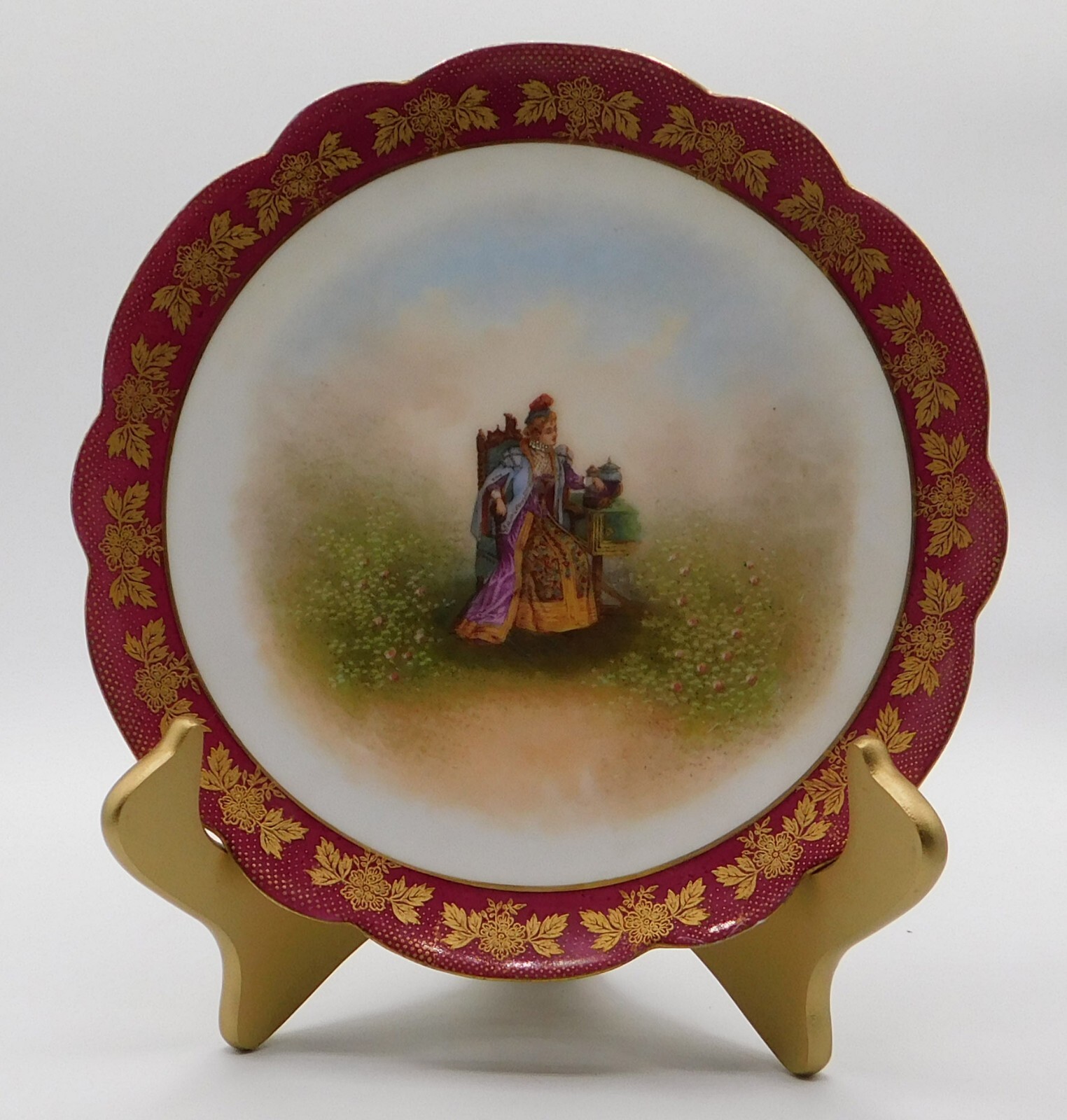 Vintage L.R.L Limoges France Victorian Portrait Porcelain Plate Burgundy w Gold