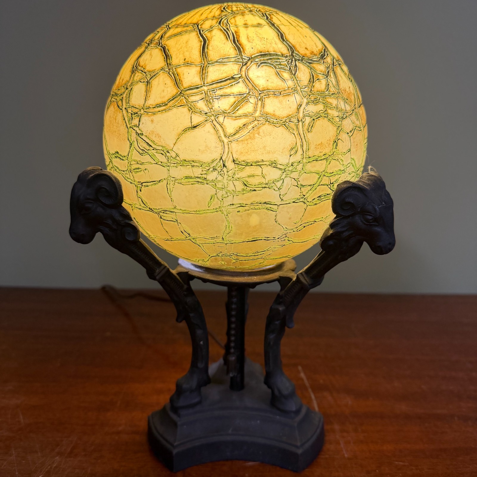 Antique Art Deco Lamp Frankart Crackle Globe (repaired) Ram Head Iron Stand Orb
