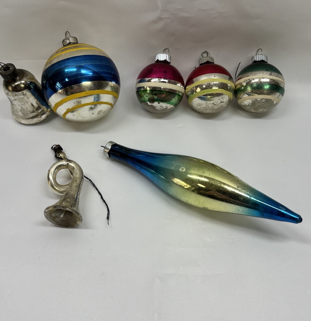 Lot of 7 Vintage Glass Christmas Tree Ornaments Striped Ball Baubles Multicolor