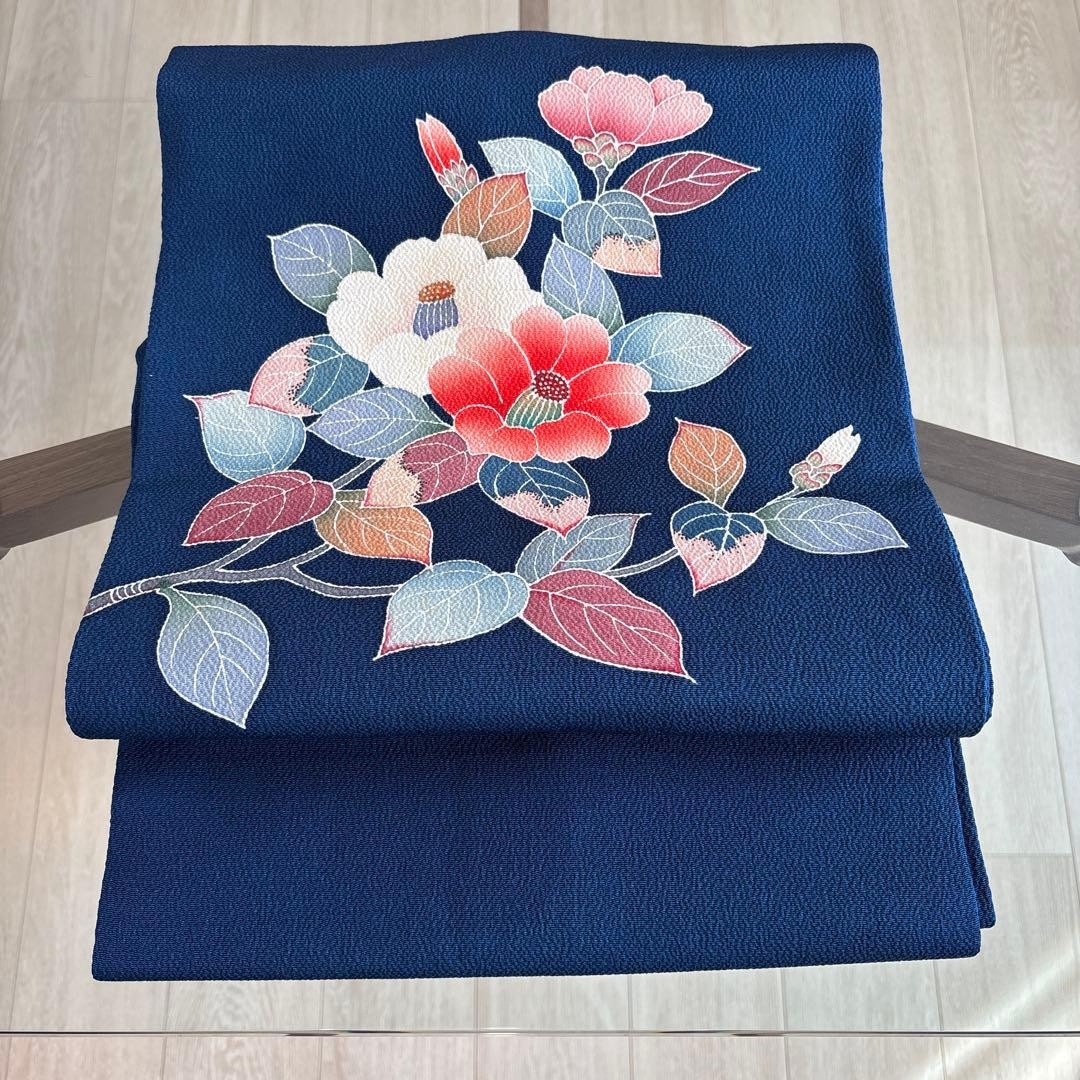 Vintage Nagoya Obi Silk Blue-Brown Camellia Pattern Unused Near Mint