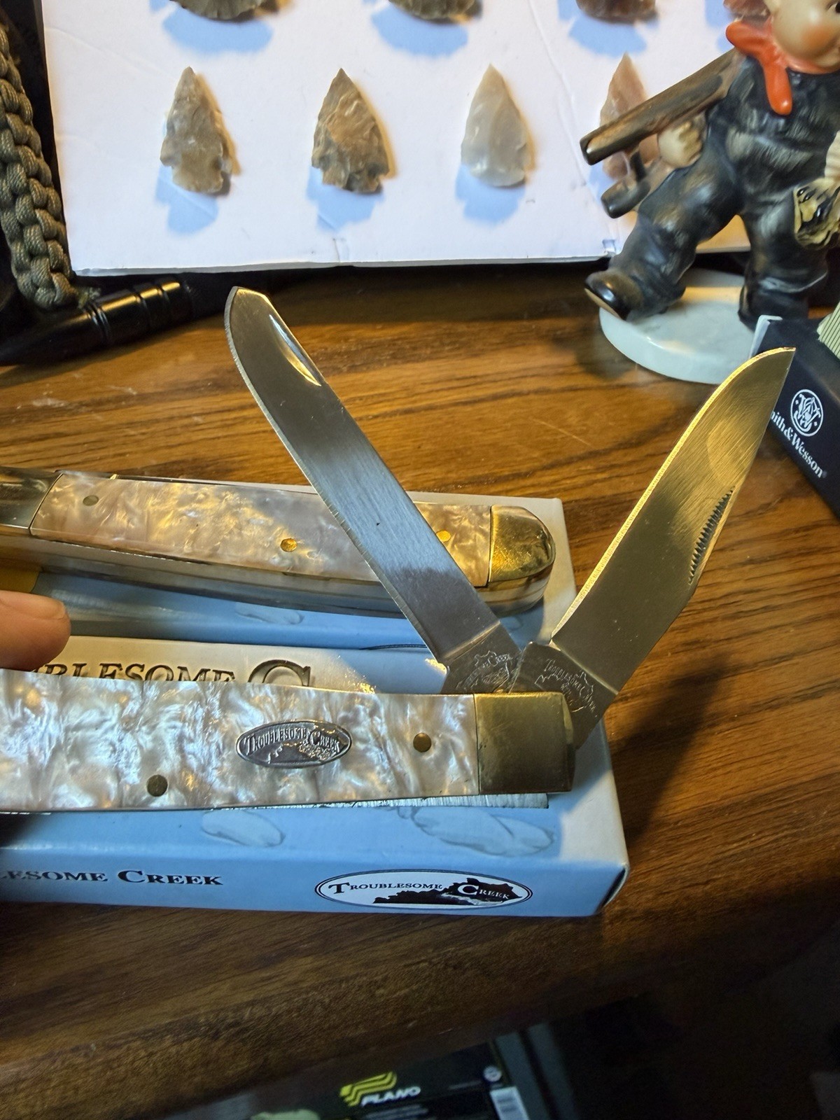 2 NIB Troublesome Creek Trapper Style Pocket Knives, Celluloid MOP HANDLES