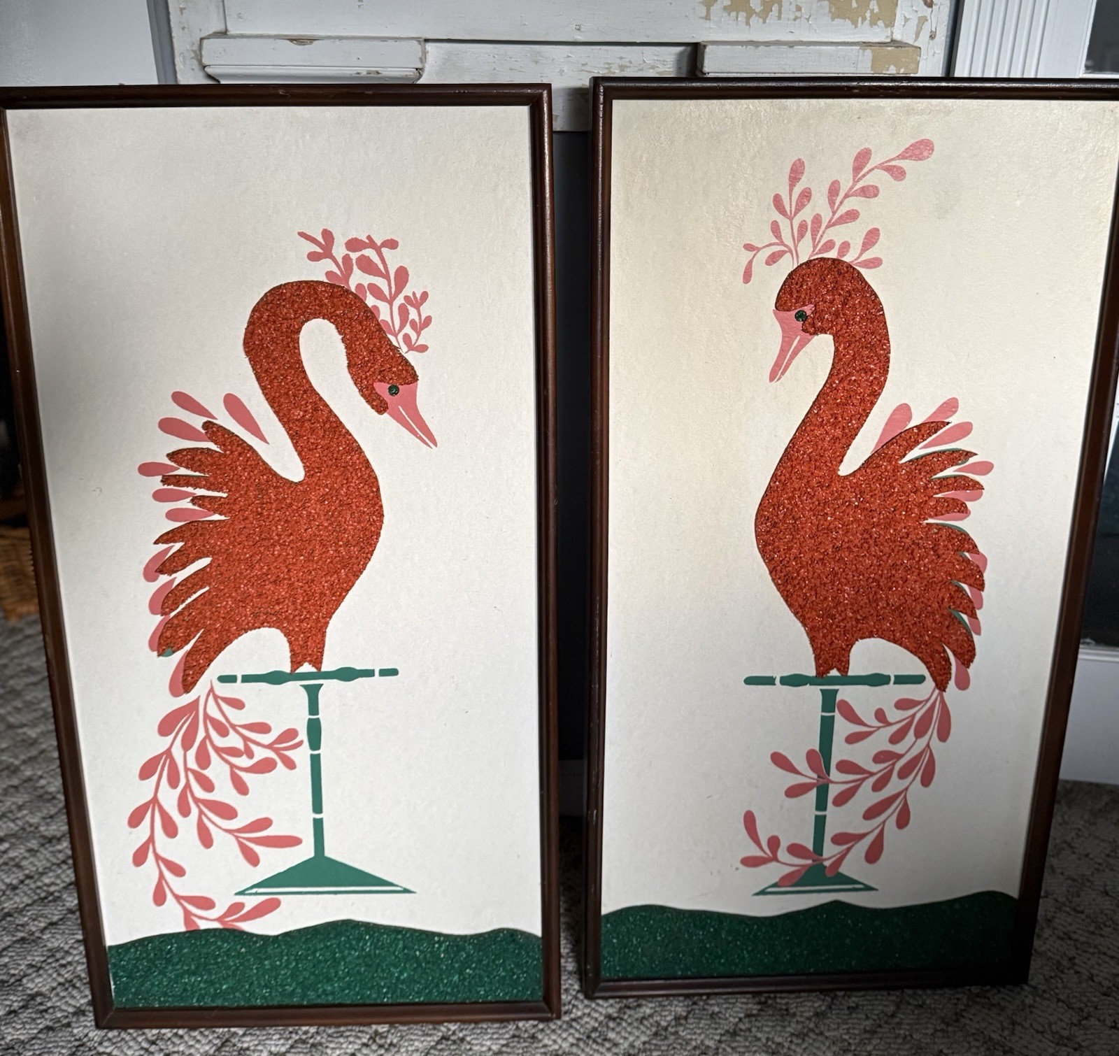 Vintage MCM 1960\'s Peacock Tropical Birds Gravel Art Wall Hanging Set of 2