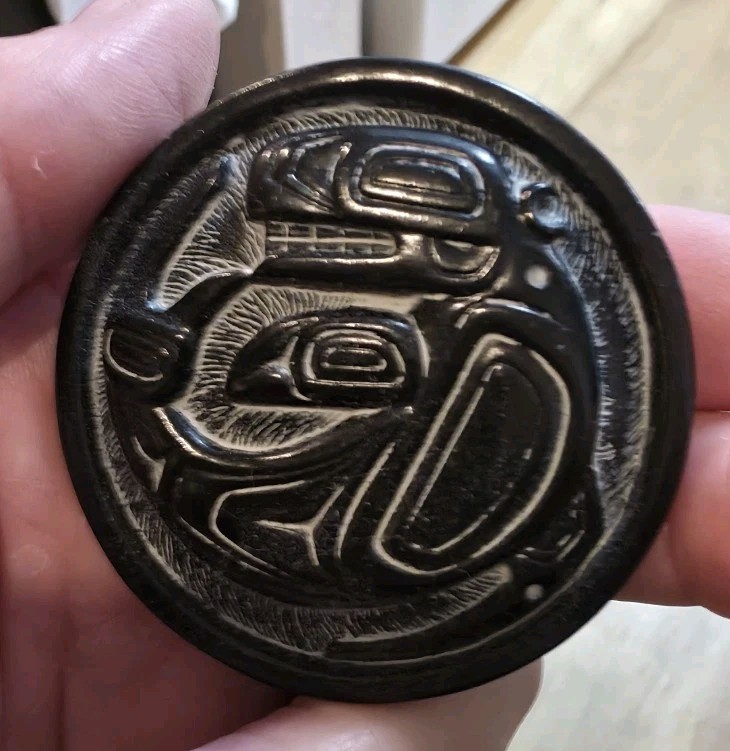 Northwest Coast Style Raven Carved Black Stone Art Medallion 3\