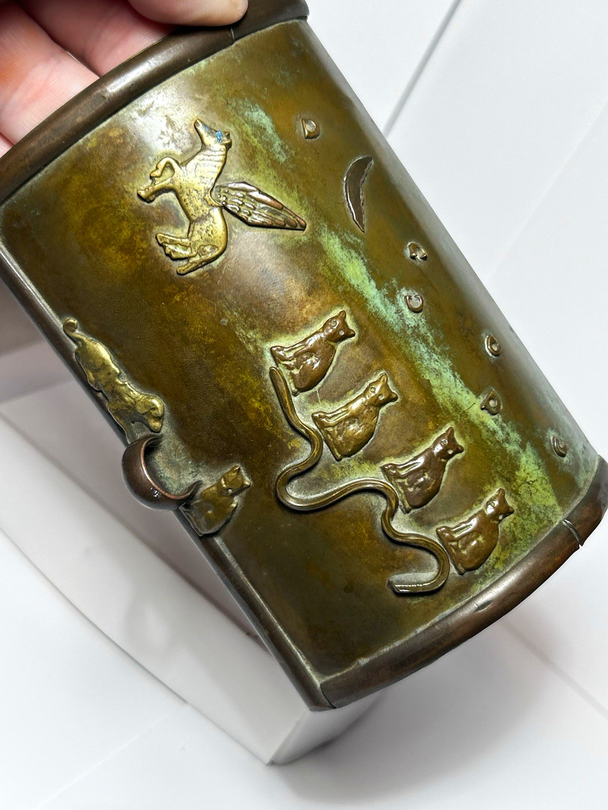Vintage Mid Century Modern Bronze Jewelry Box w/ Pegasus, Cats & Dogs 