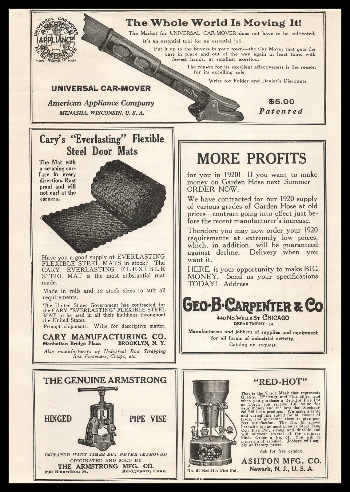 1919 American Appliance Co. Menasha Wisconsin $5 Universal Car Mover Print Ad