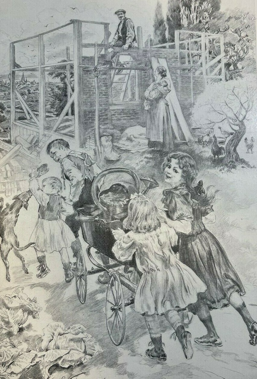 1907 Vintage Illustration Victorian Children Pushing Stroller