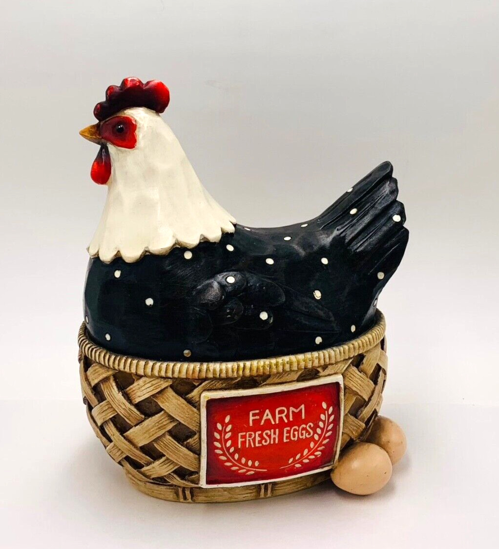 Large Resin Red Black ROOSTER HEN ON A NEST BASKET Country Kitchen Fresh Eggs
