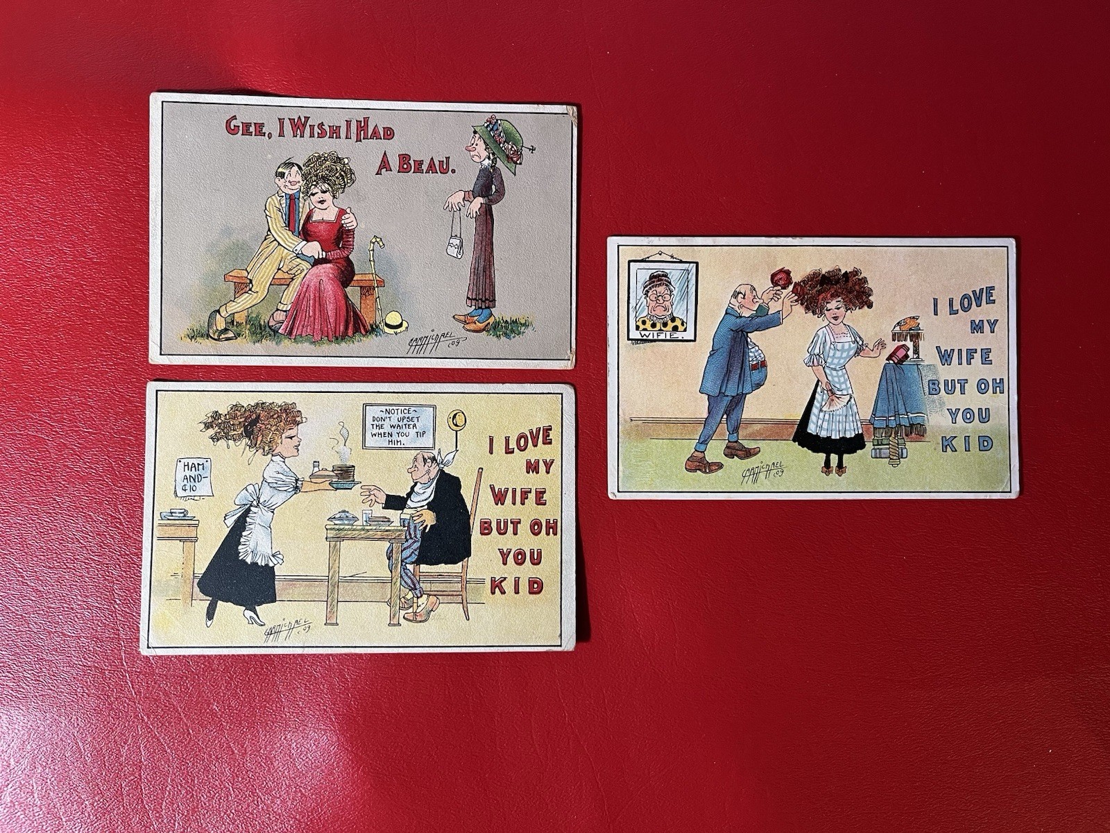 3 Antique 1909 Carmichael Comic Postcards, Romance Humor: I Love My Wife But
