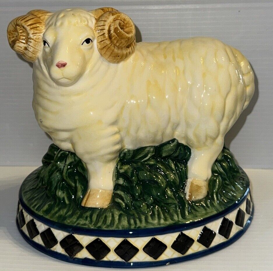 Vintage 1999 CBK LTD Ceramic Ram on Grass and Black White Diamond Shaped  Base