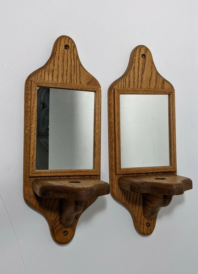 Vintage Pair of Rustic Solid Oak Wood Mirror Wall Shelves Sconces Candle Holder Vintage Pair of Rustic Solid Oak Wood Mirror Wall Shelves Sconces Candle Holder