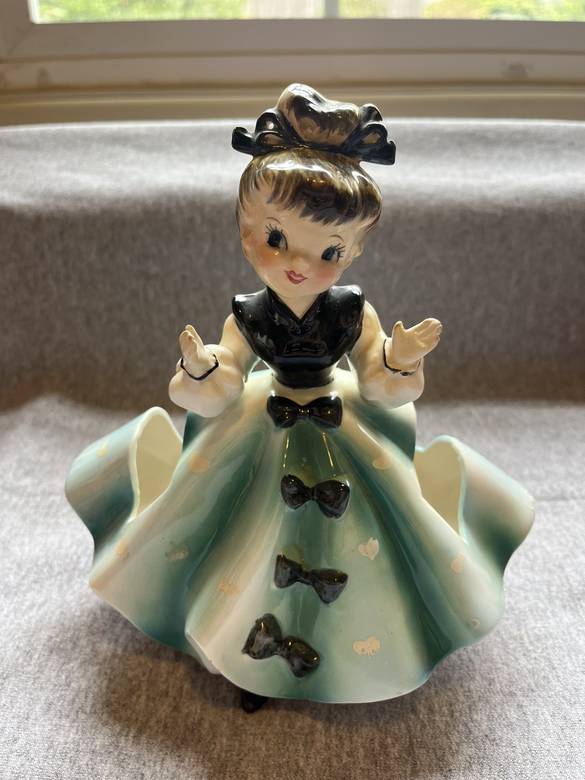 Vtg 1950’s MCM Napkin Holder Girl Teal Ceramic Figurine Japan Kitschy 