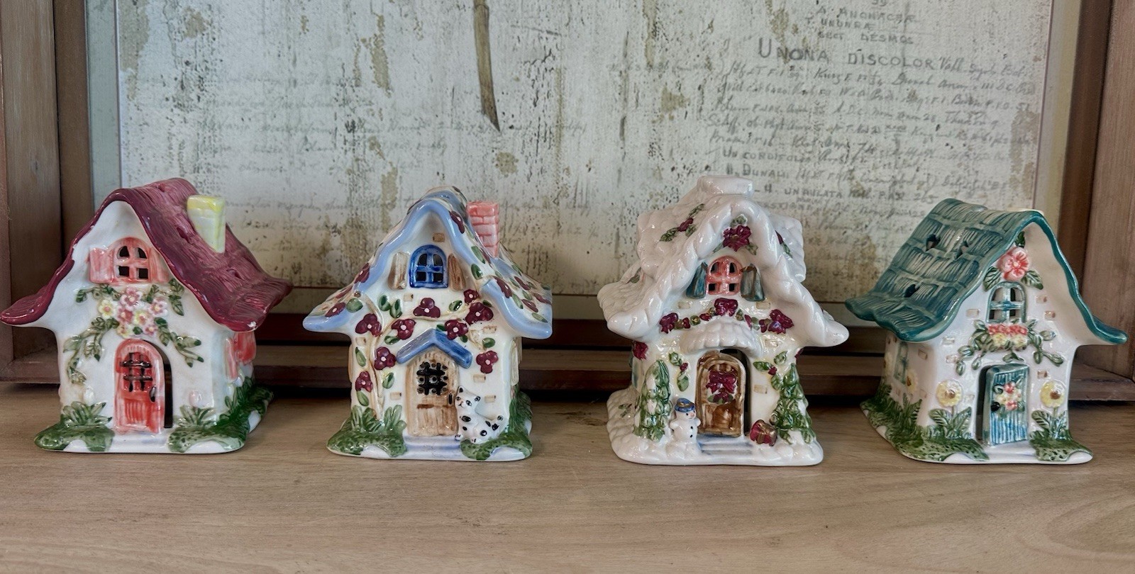 Lot of 4 VTG HandPainted Elements Luminary Village TeaLight Candle Cottages 