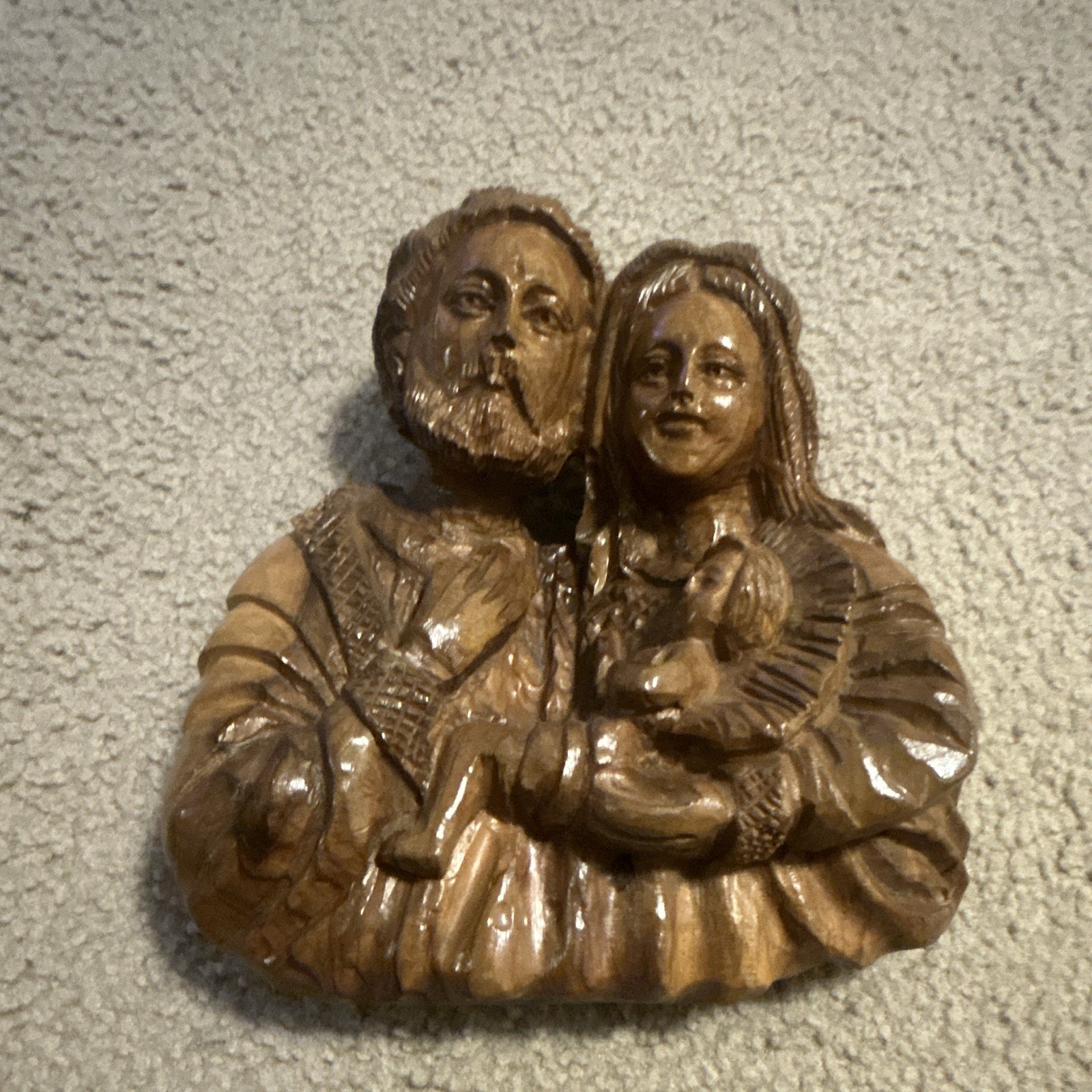 Hand-Carved Wooden Sculpture of Joseph Mary and Jesus On Wood Base 8.5 Hand-Carved Wooden Sculpture of Joseph Mary and Jesus On Wood Base 8.5