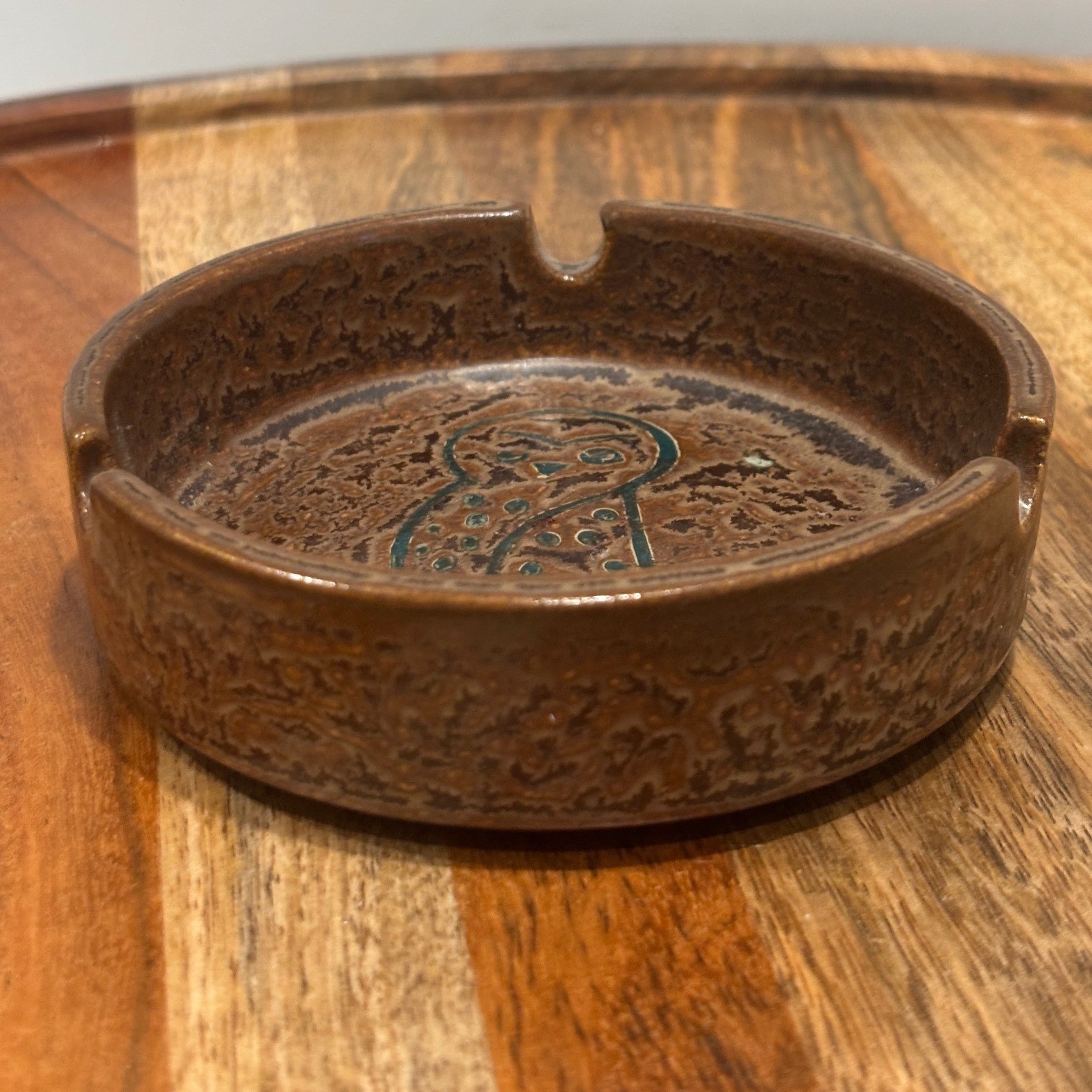 Vintage MCM Brown Stoneware Owl Ashtray Teal Blue Incised Ceramic Trinket Dish